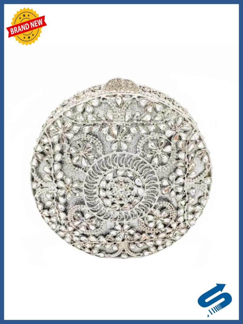 Mini Round Rhinestone Clutch Purse with Detachable Chain Straps, Crystal